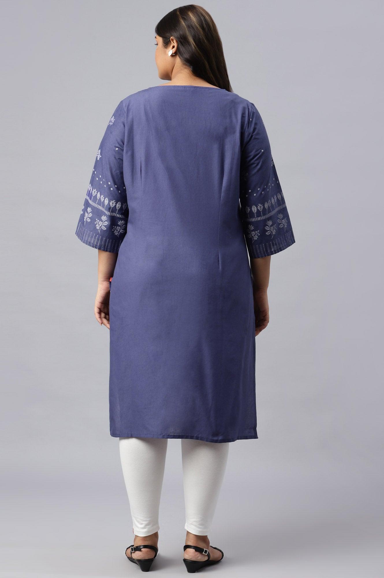 Plus Size Blue Floral Print kurta With Embroidered Neck - wforwoman