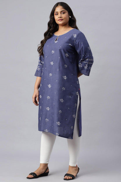 Plus Size Blue Floral Print kurta With Embroidered Neck - wforwoman