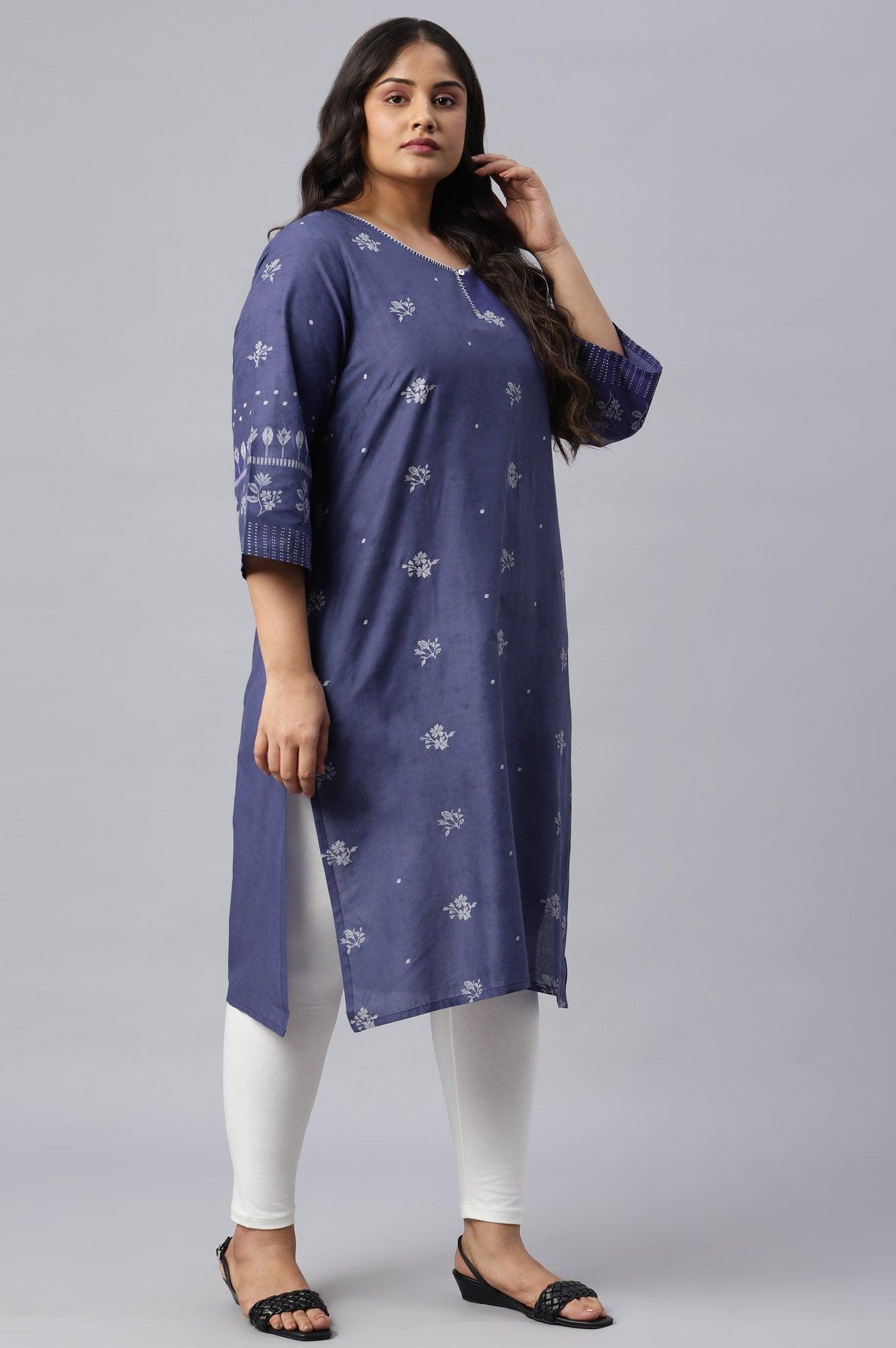 Plus Size Blue Floral Print kurta With Embroidered Neck - wforwoman