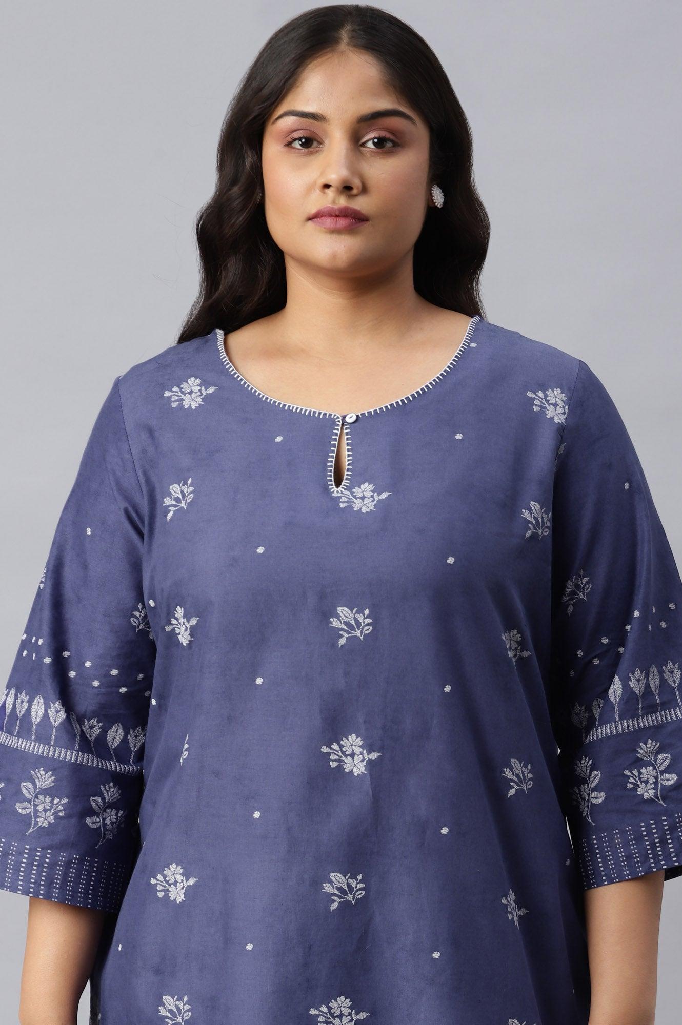 Plus Size Blue Floral Print kurta With Embroidered Neck - wforwoman