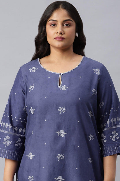 Plus Size Blue Floral Print kurta With Embroidered Neck - wforwoman