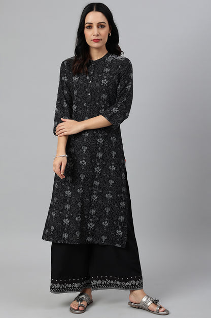 Black Floral Print kurta With Shoulder Panels