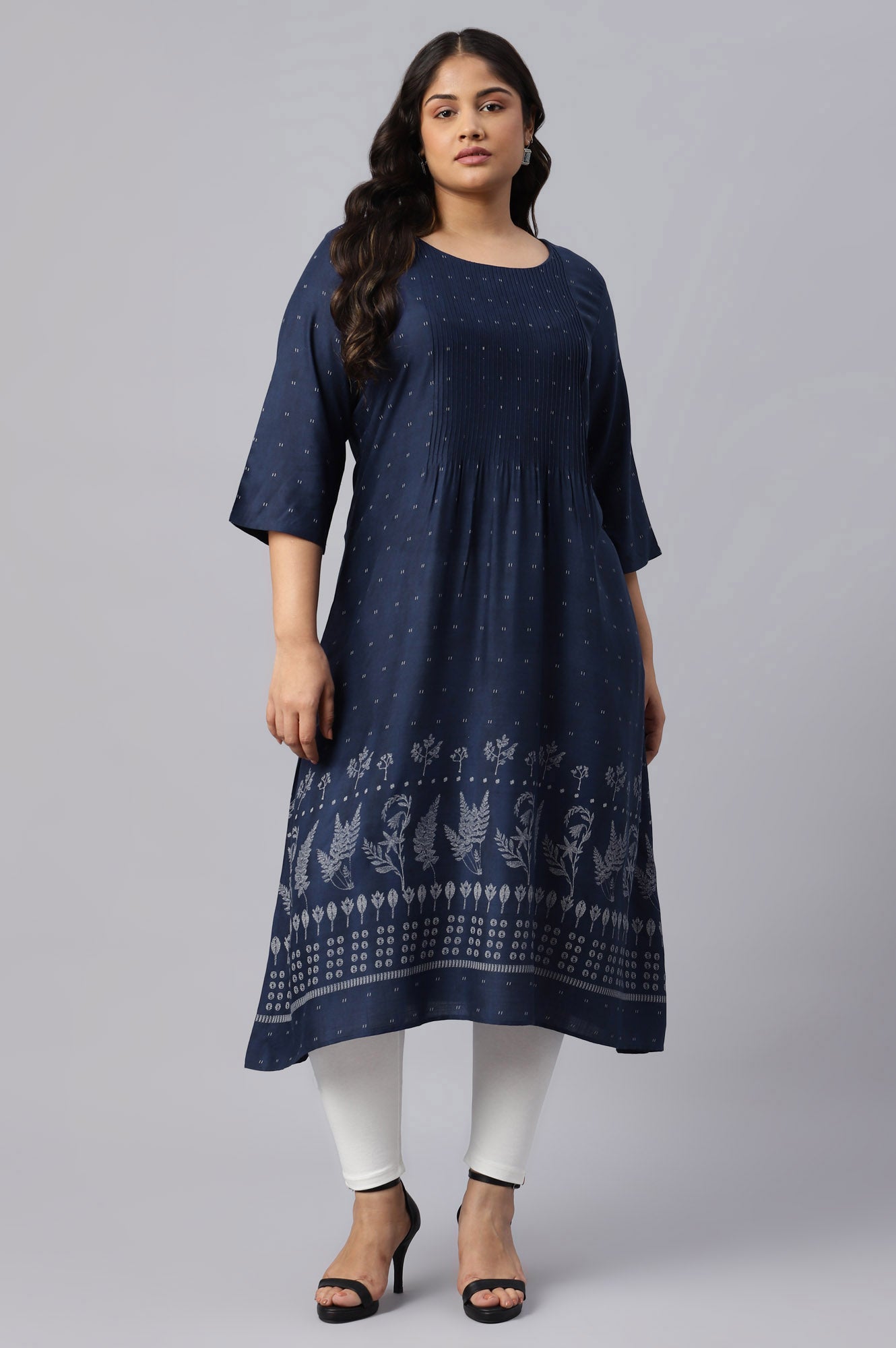 Plus Size Indo Floral Print A-Line kurta With Pin Tucks