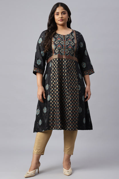 Plus Size Jet Black Foil Printed Shantung kurta