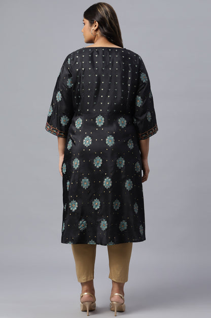 Plus Size Jet Black Foil Printed Shantung kurta