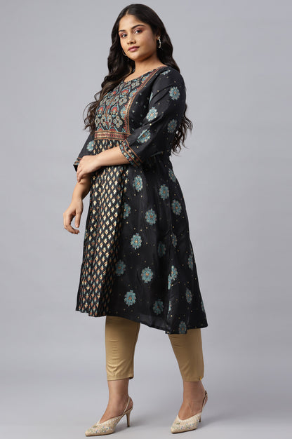 Plus Size Jet Black Foil Printed Shantung kurta