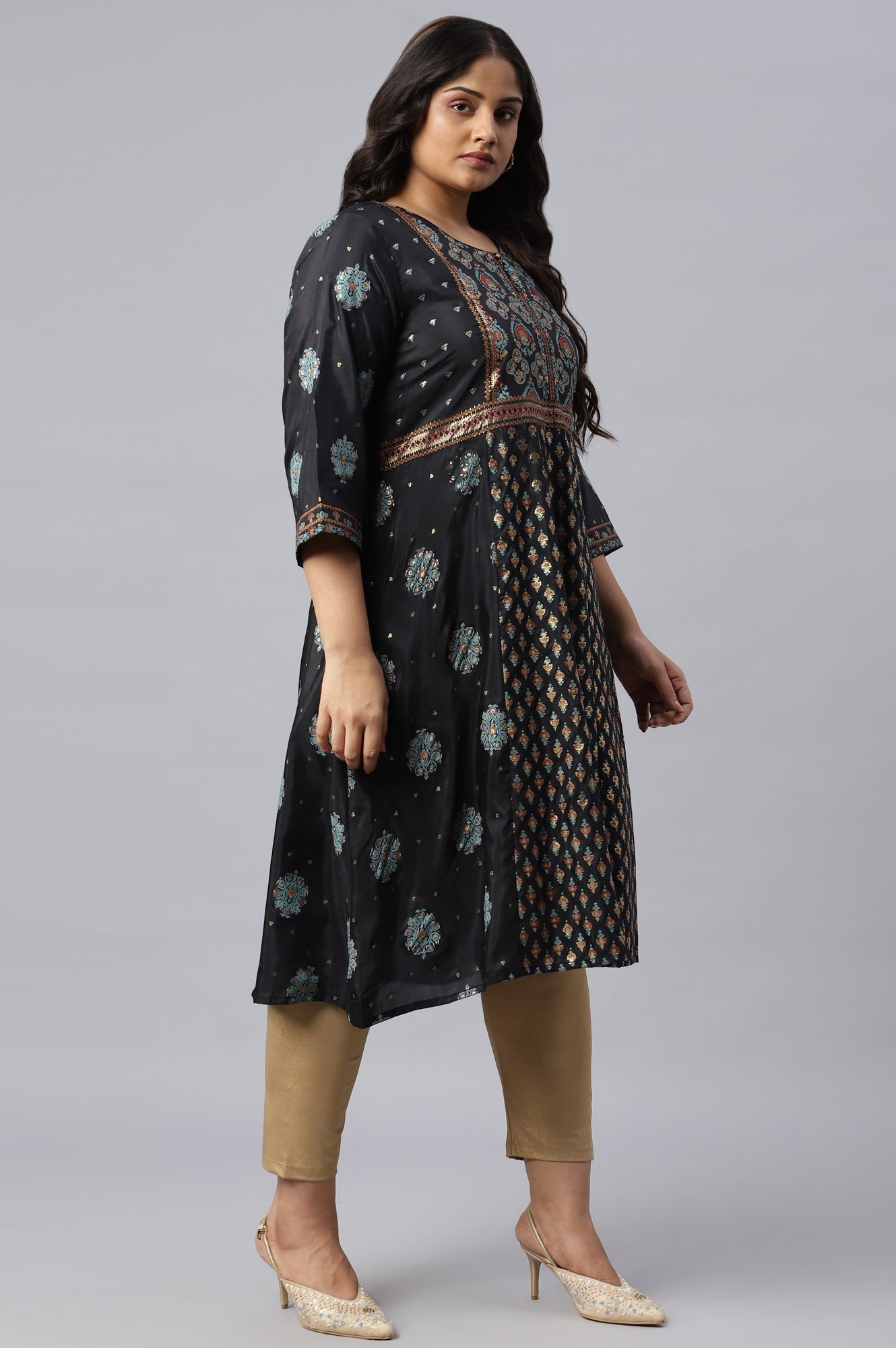 Plus Size Jet Black Foil Printed Shantung kurta