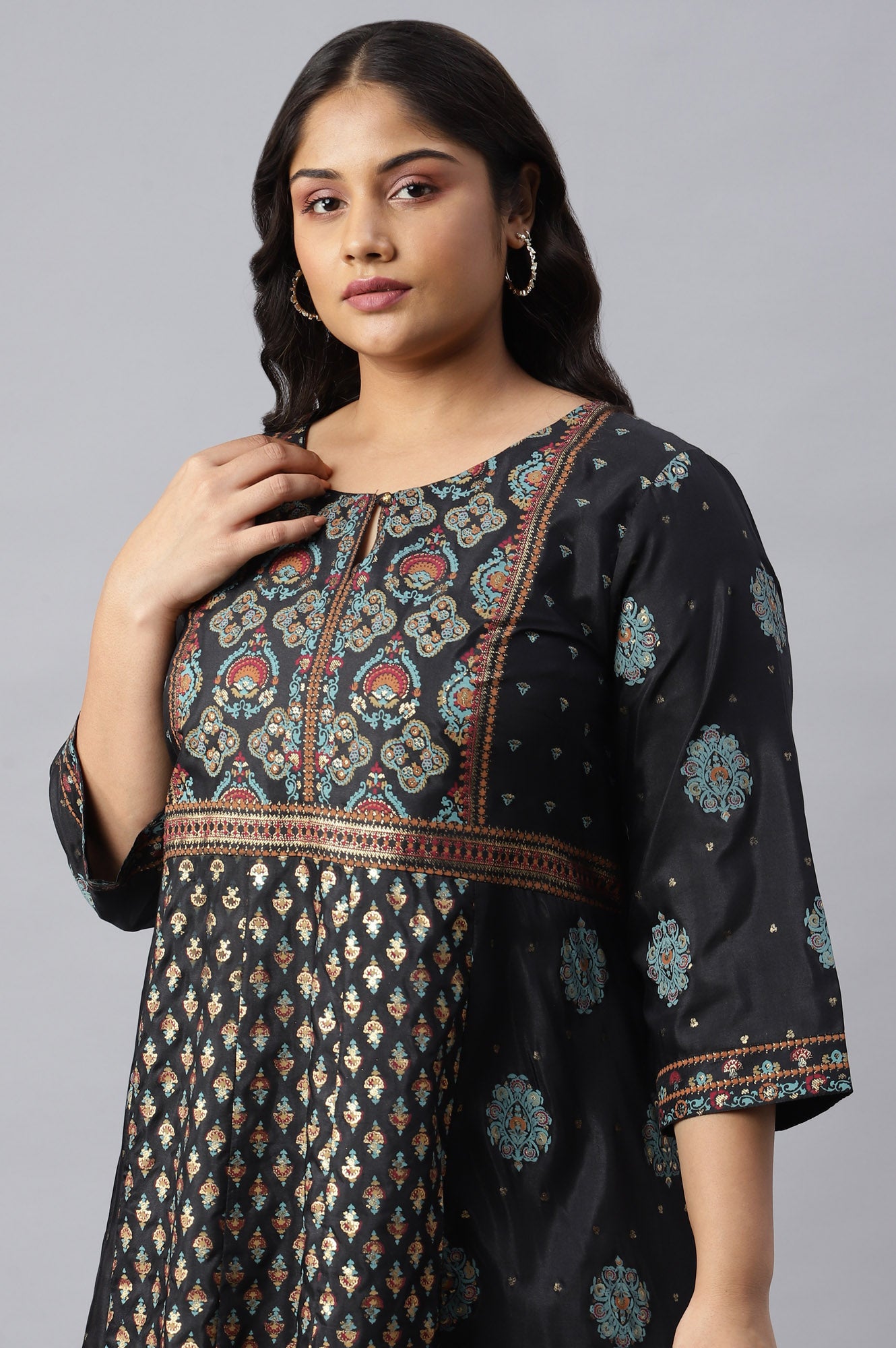 Plus Size Jet Black Foil Printed Shantung kurta