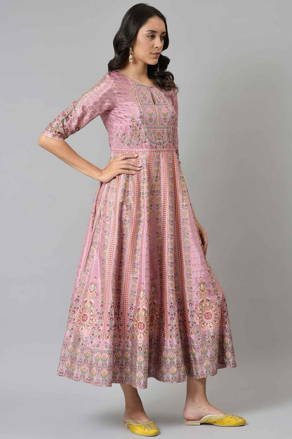 Pink Glitter Printed Kalidar Dress - wforwoman