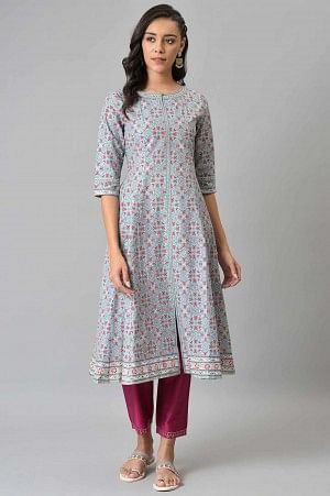 Aqua Blue Cotton Printed Flared kurta with Pink Straight Pants