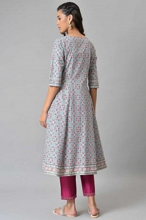 Aqua Blue Cotton Printed Flared kurta with Pink Straight Pants