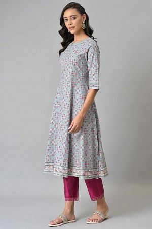 Aqua Blue Cotton Printed Flared kurta with Pink Straight Pants