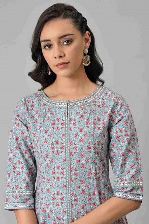 Aqua Blue Cotton Printed Flared kurta with Pink Straight Pants