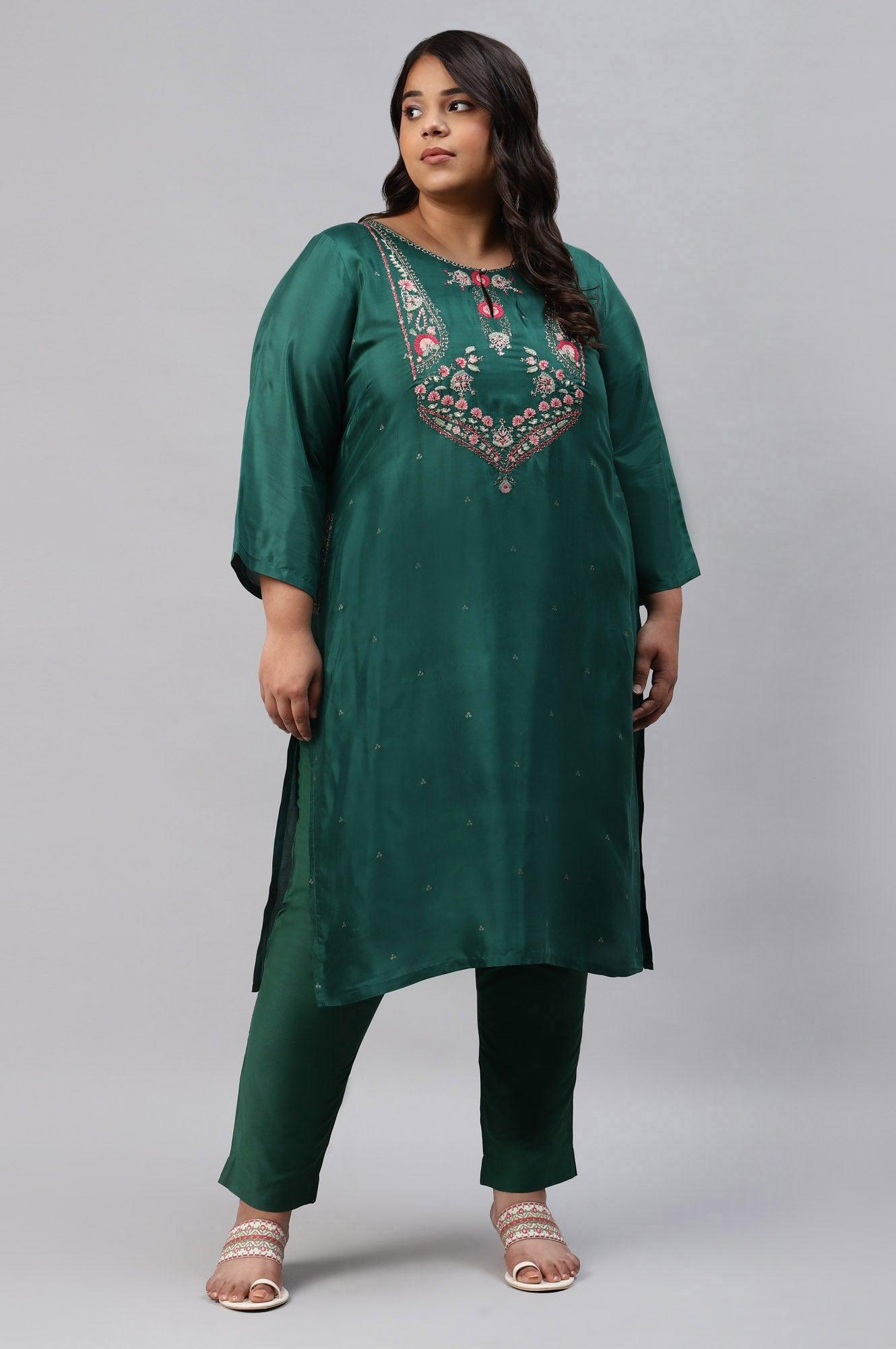 Plus Size Green Glitter Printed Embroidered kurta - wforwoman