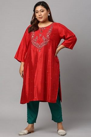 Plus Size Red Embroidered Shantung kurta with Green Slim Pants