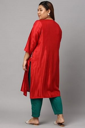 Plus Size Red Embroidered Shantung kurta with Green Slim Pants