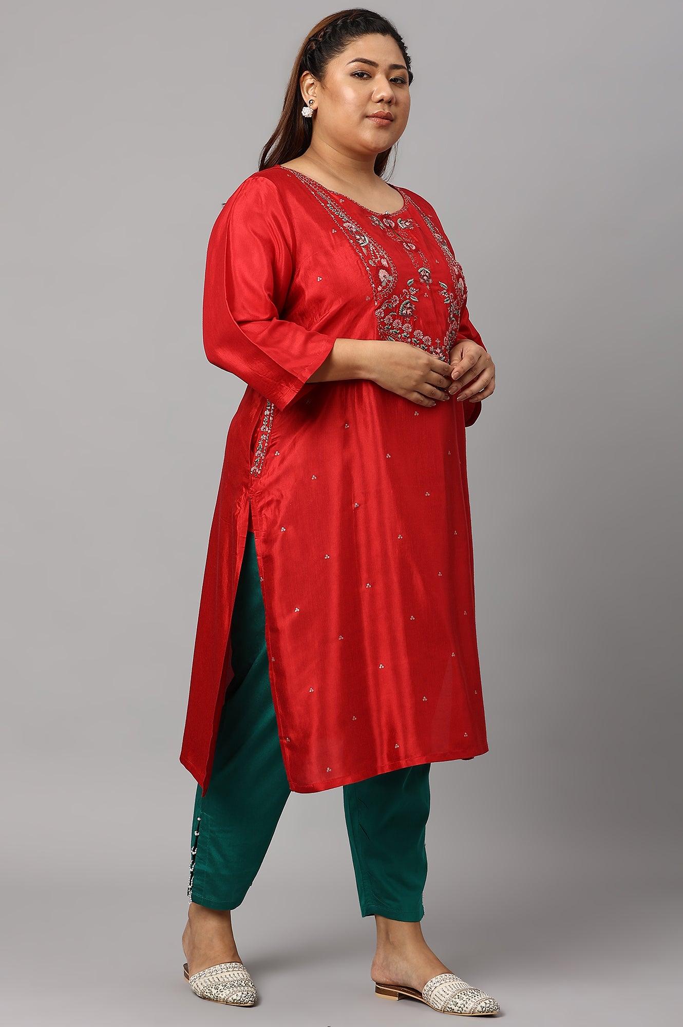 Plus Size Red Embroidered Shantung kurta - wforwoman