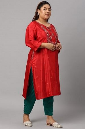 Plus Size Red Embroidered Shantung kurta with Green Slim Pants