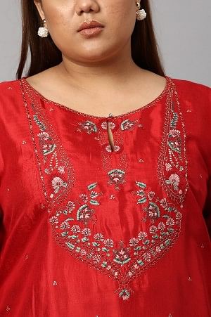 Plus Size Red Embroidered Shantung kurta with Green Slim Pants