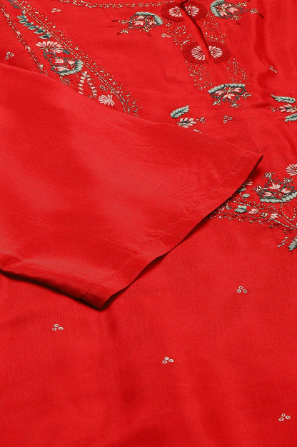 Plus Size Red Embroidered Shantung kurta - wforwoman