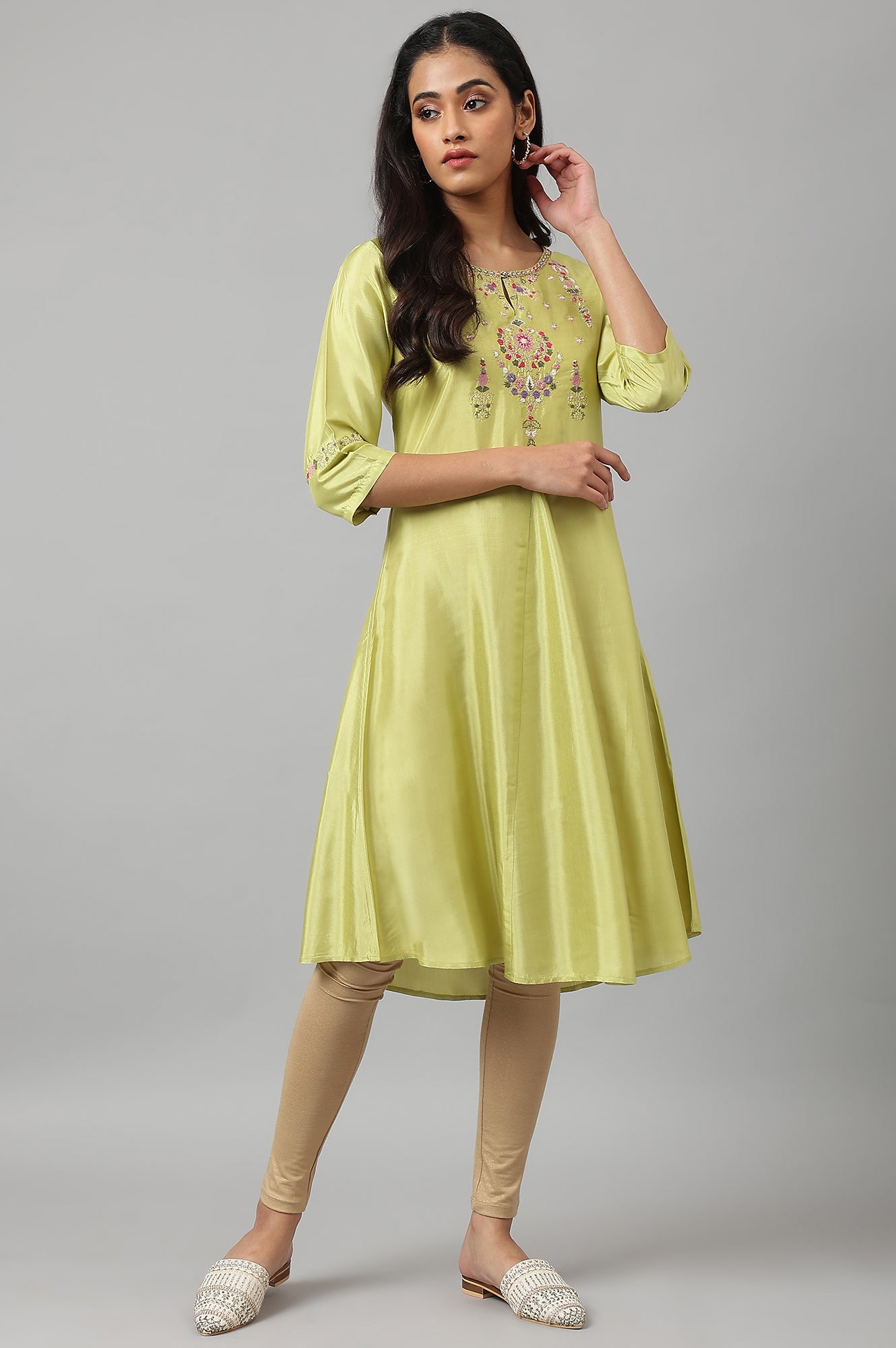 Green Embroidered A-line Kurta - wforwoman