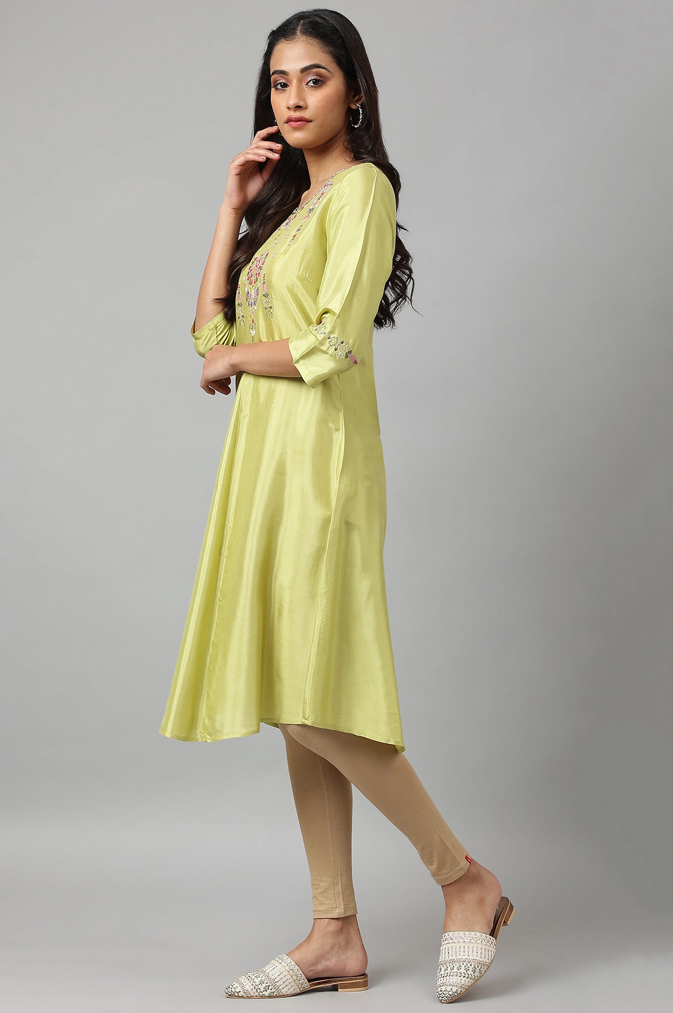 Green Embroidered A-line Kurta - wforwoman