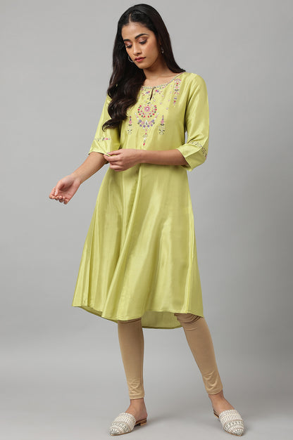 Green Embroidered A-line Kurta - wforwoman