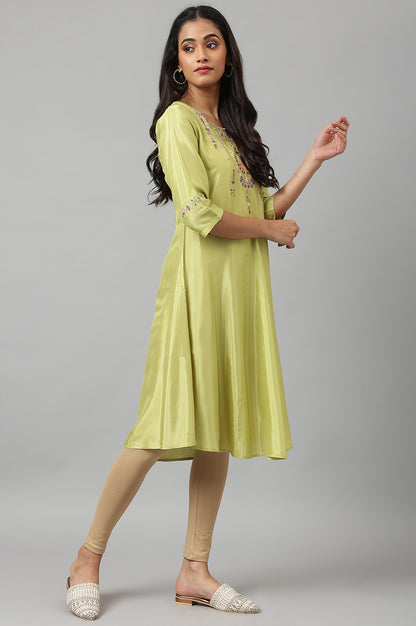 Green Embroidered A-line Kurta - wforwoman