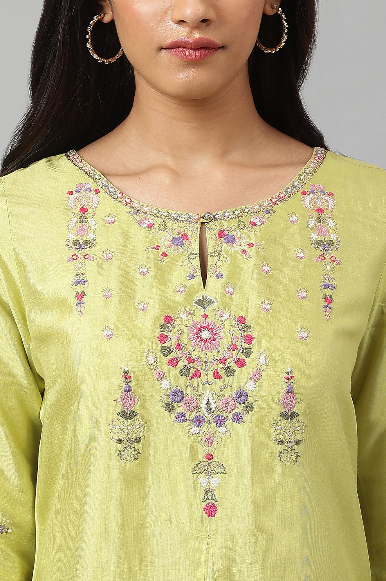 Green Embroidered A-line Kurta - wforwoman