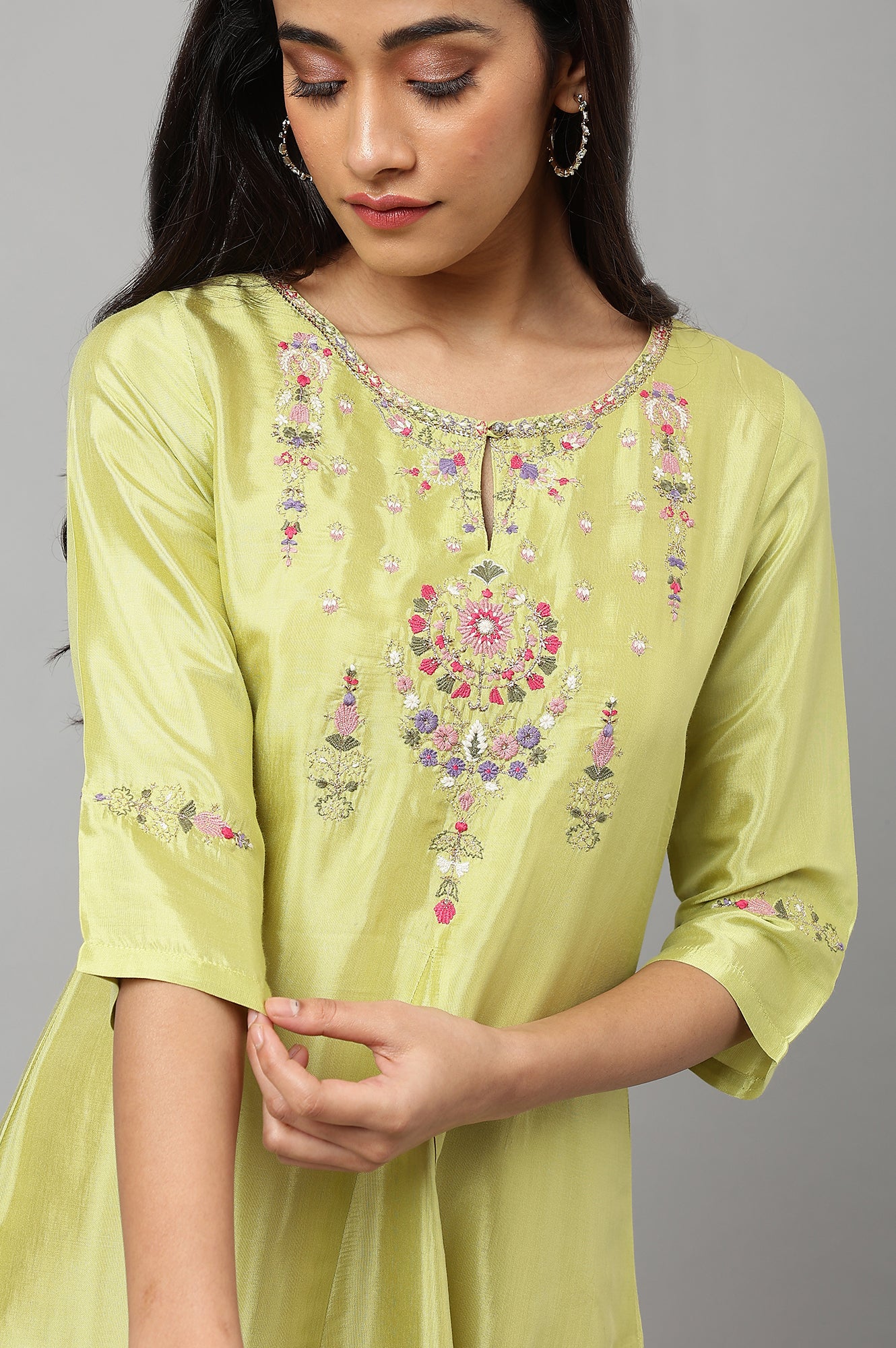 Green Embroidered A-Line kurta