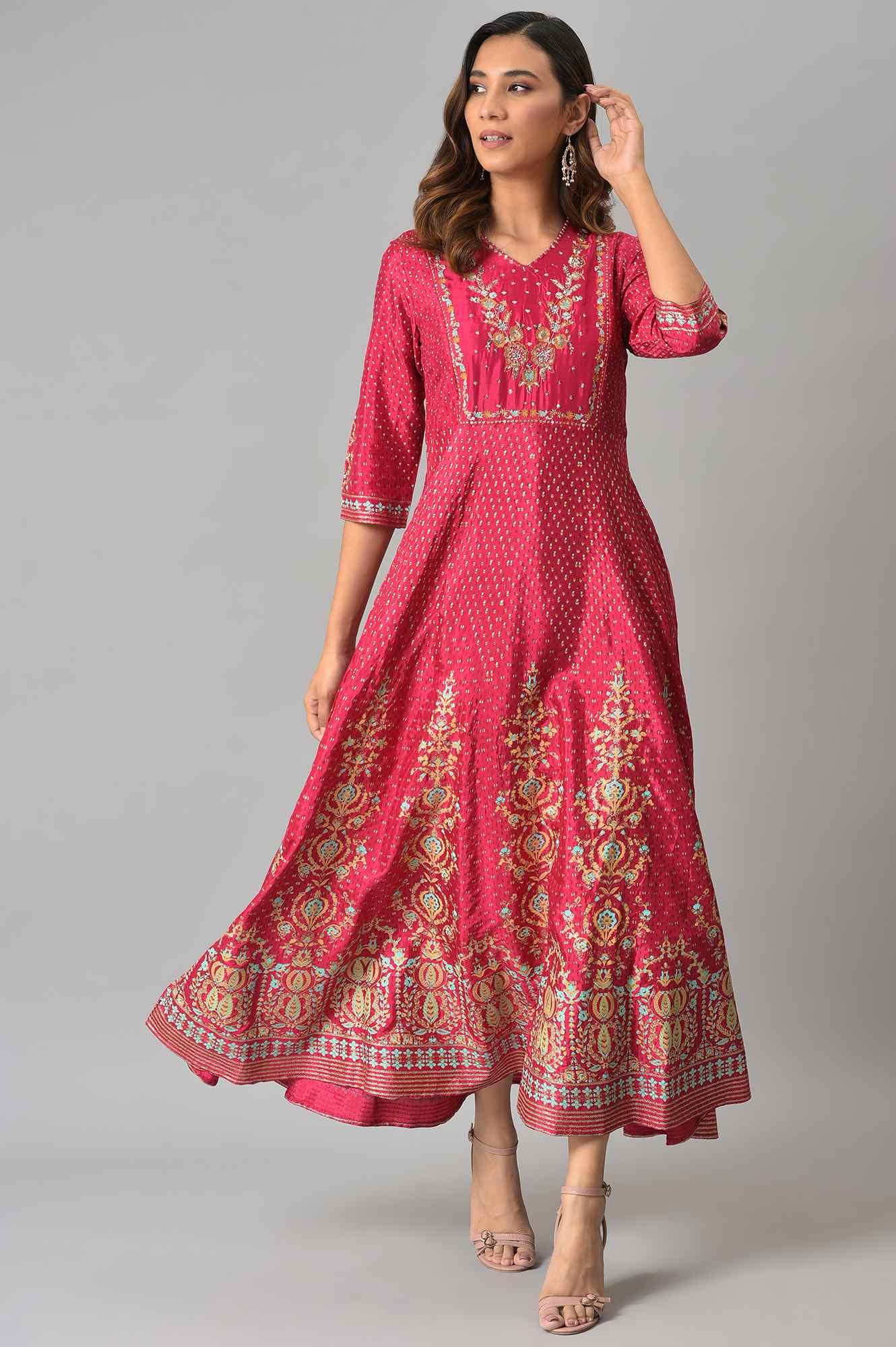 Buy Dark Pink Floral Print Kalidar Dress Online for Woman