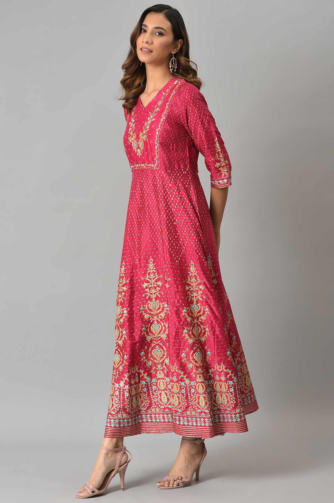 Dark Pink Floral Print Kalidar Dress - wforwoman