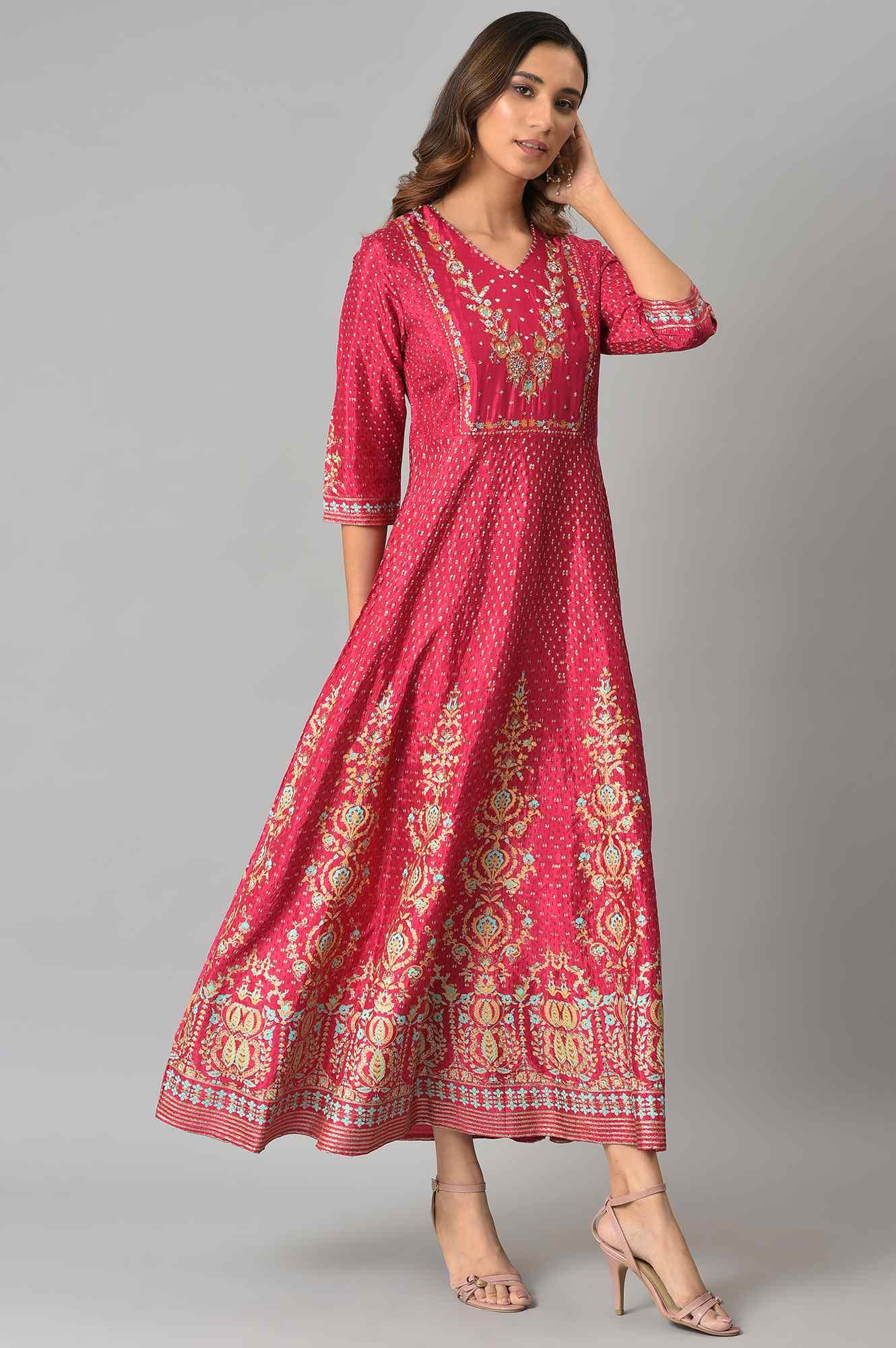 Dark Pink Floral Print Kalidar Dress - wforwoman