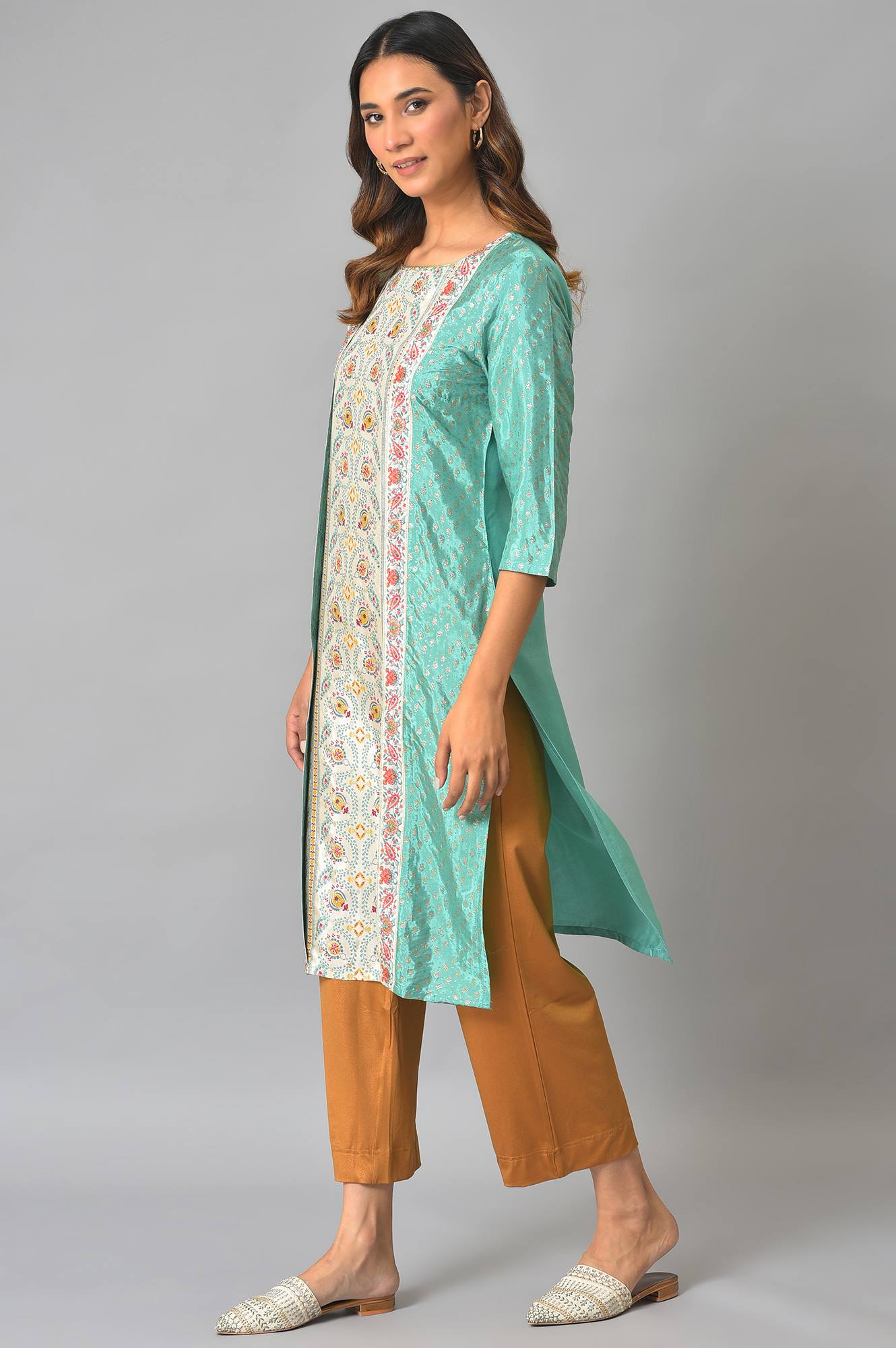 Green And Ecru Mock Layered Printed Plus Size kurta