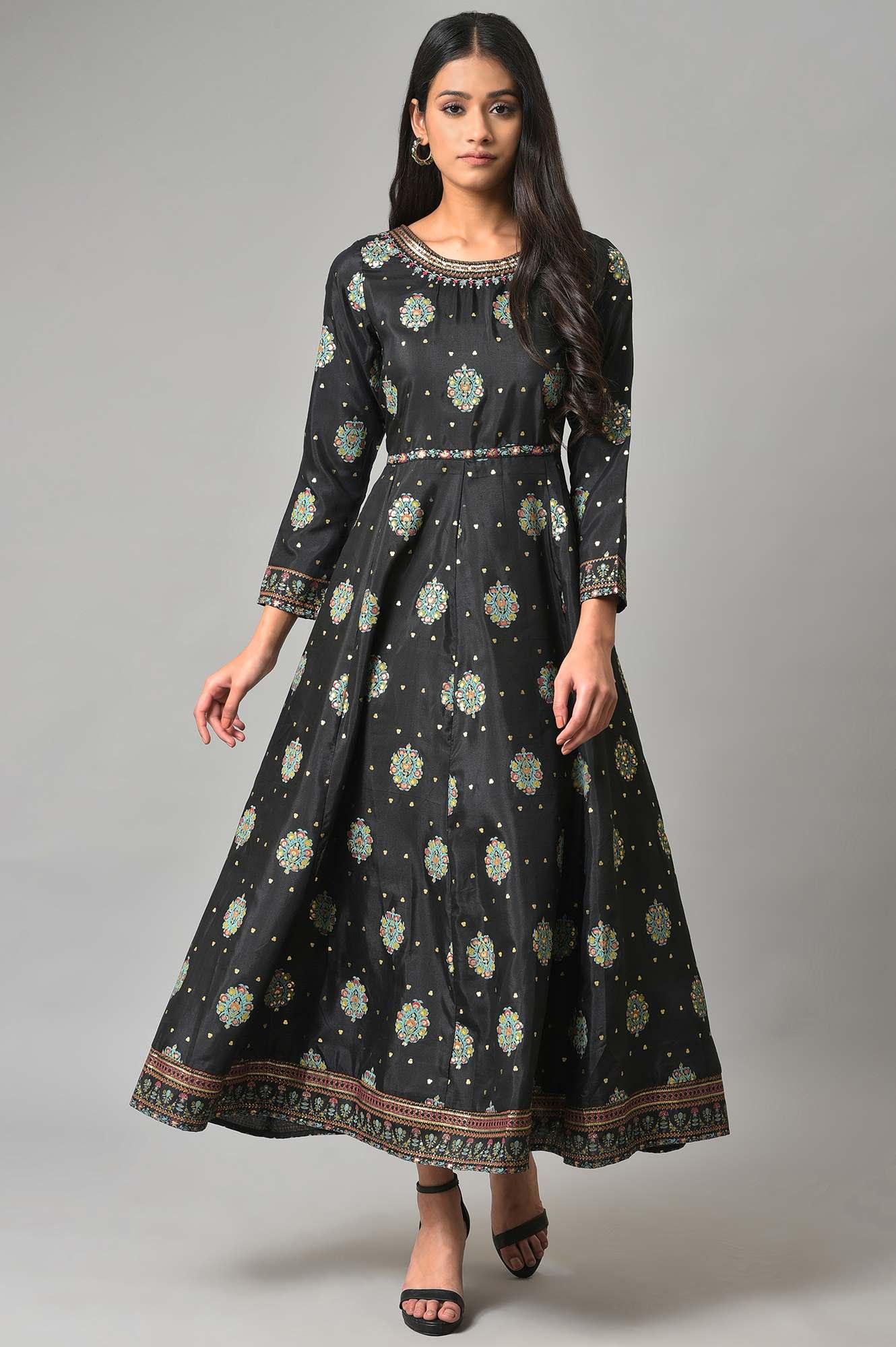 Jet Black Printed Kalidar Embroidered Dress - wforwoman