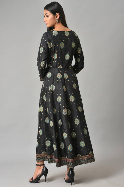 Jet Black Printed Kalidar Embroidered Dress - wforwoman