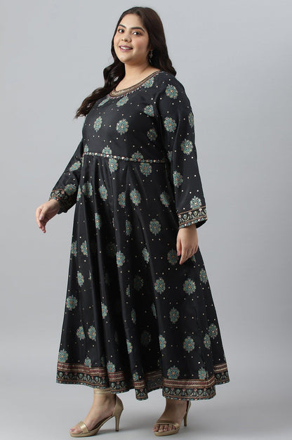 Jet Black Printed Kalidar Embroidered Plus Size Dress - wforwoman