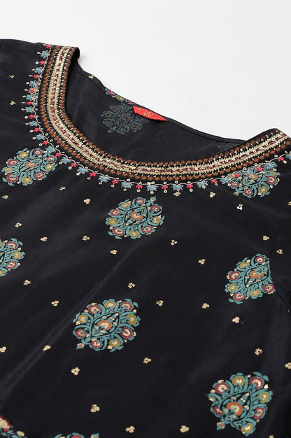 Jet Black Printed Kalidar Embroidered Plus Size Dress - wforwoman
