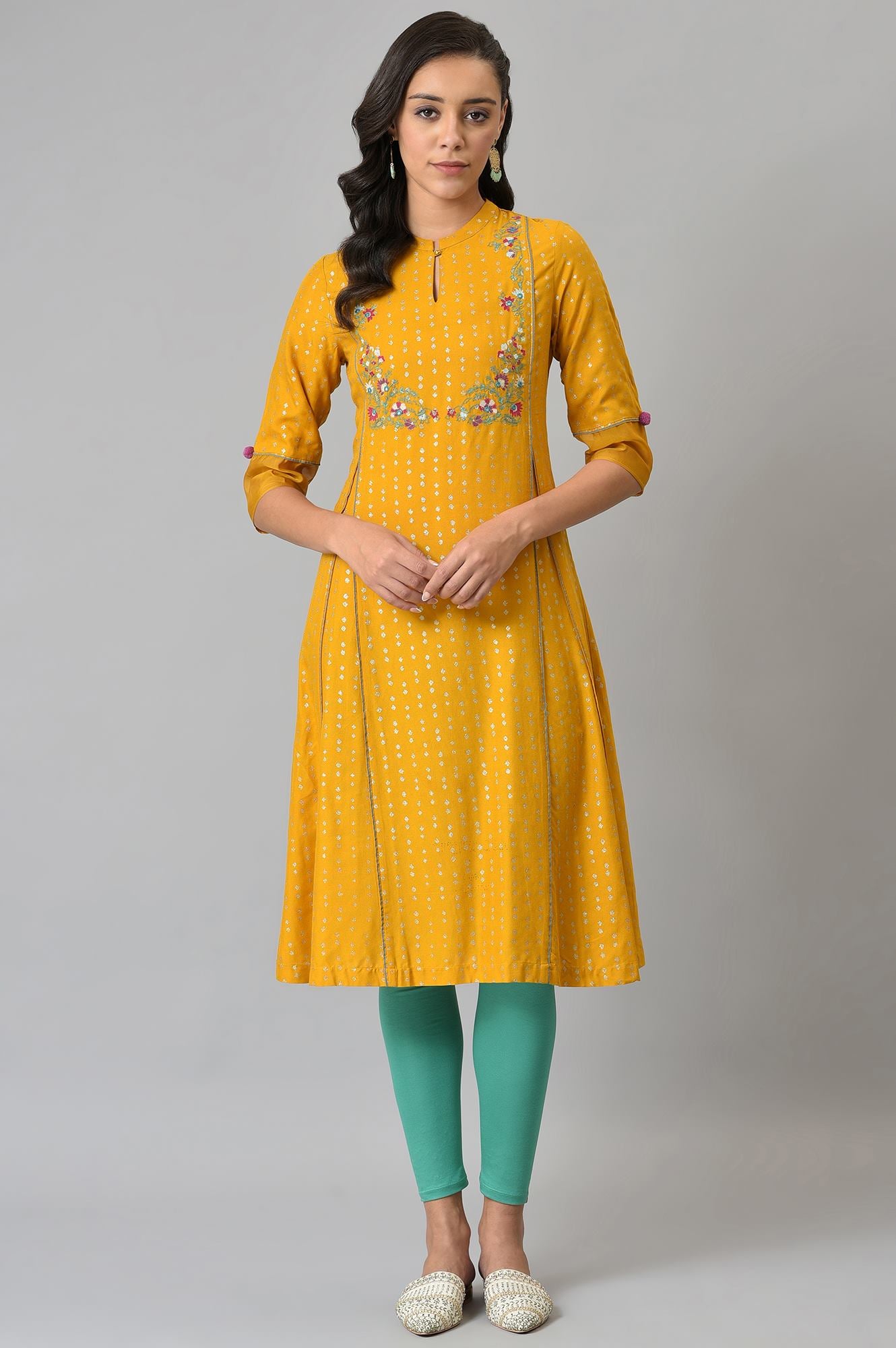 Mustard Glitter Printed And Embroidered kurta