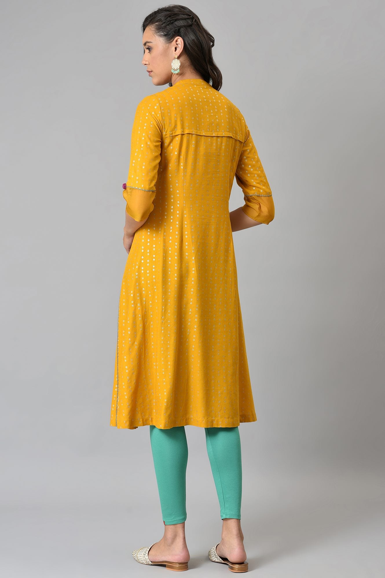 Mustard Glitter Printed And Embroidered kurta