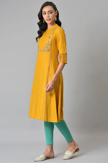 Mustard Glitter Printed And Embroidered kurta