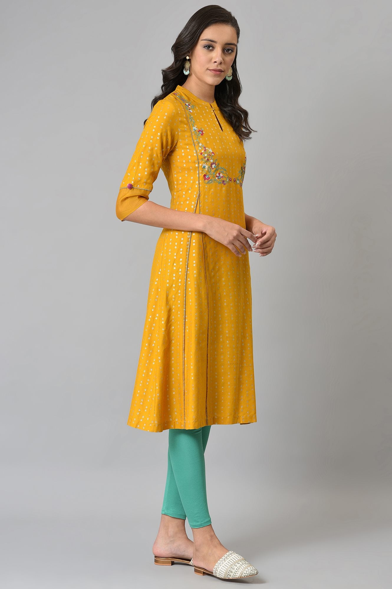 Mustard Glitter Printed And Embroidered kurta