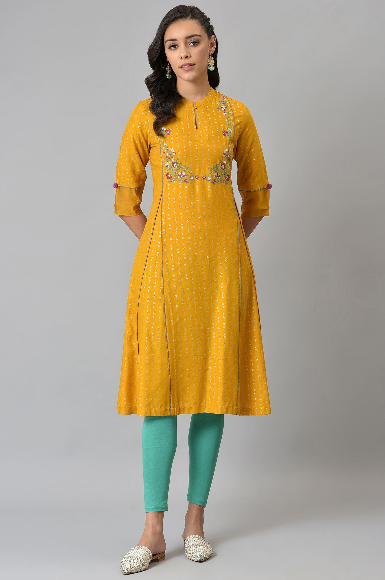 Mustard Glitter Printed And Embroidered kurta