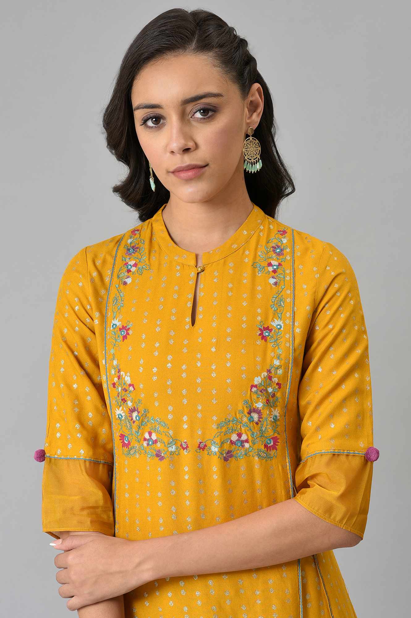 Mustard Glitter Printed And Embroidered kurta