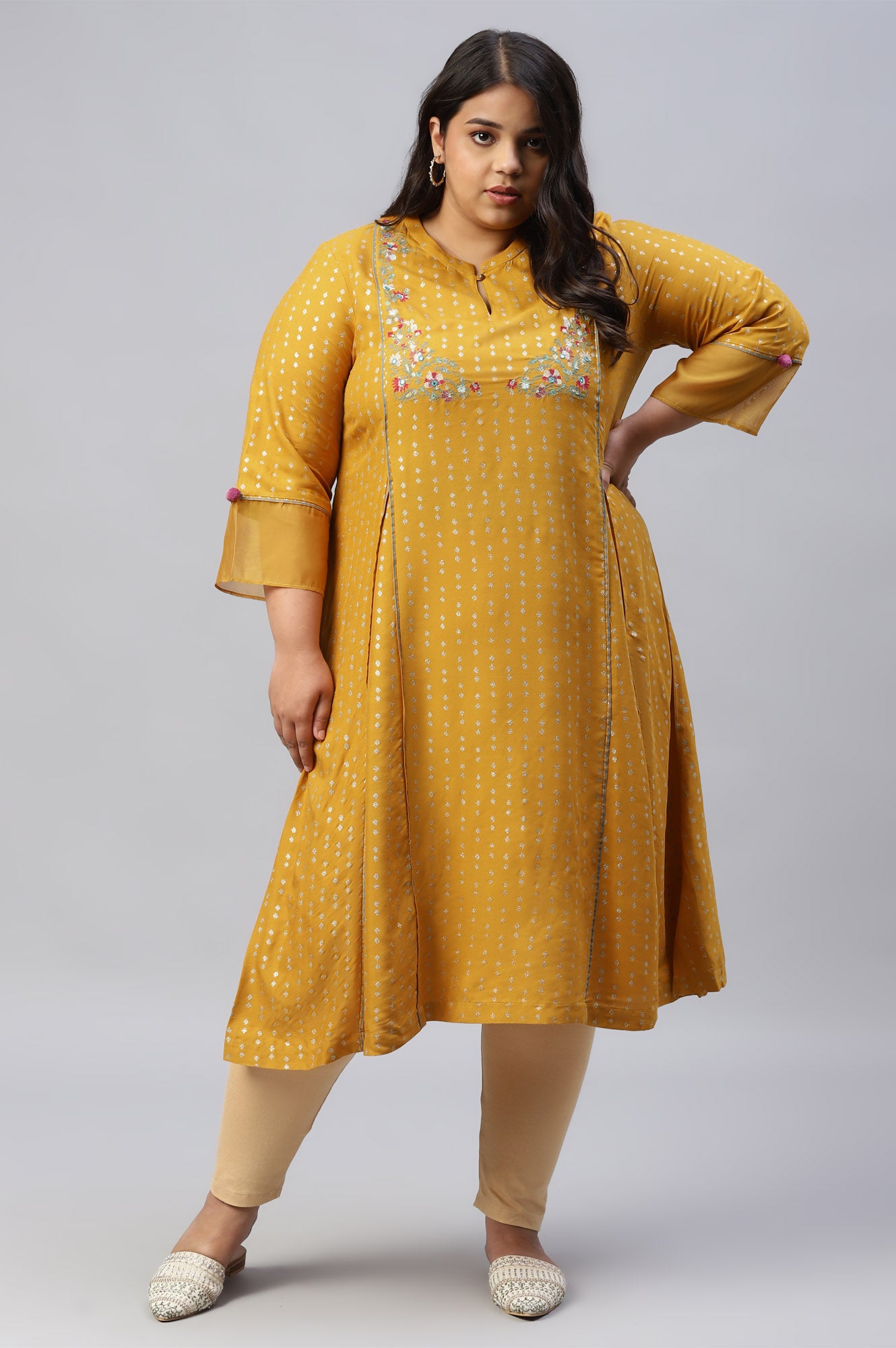 Mustard Glitter Printed And Embroidered Plus Size kurta