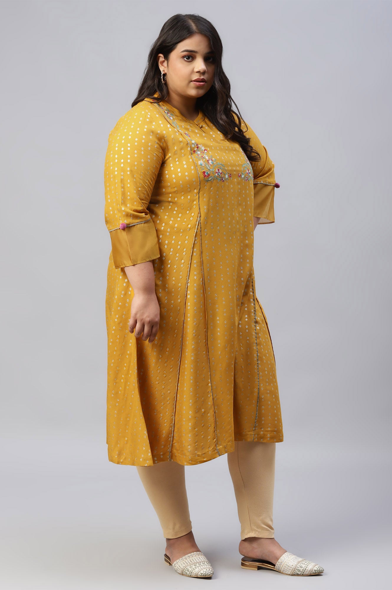 Mustard Glitter Printed And Embroidered Plus Size kurta