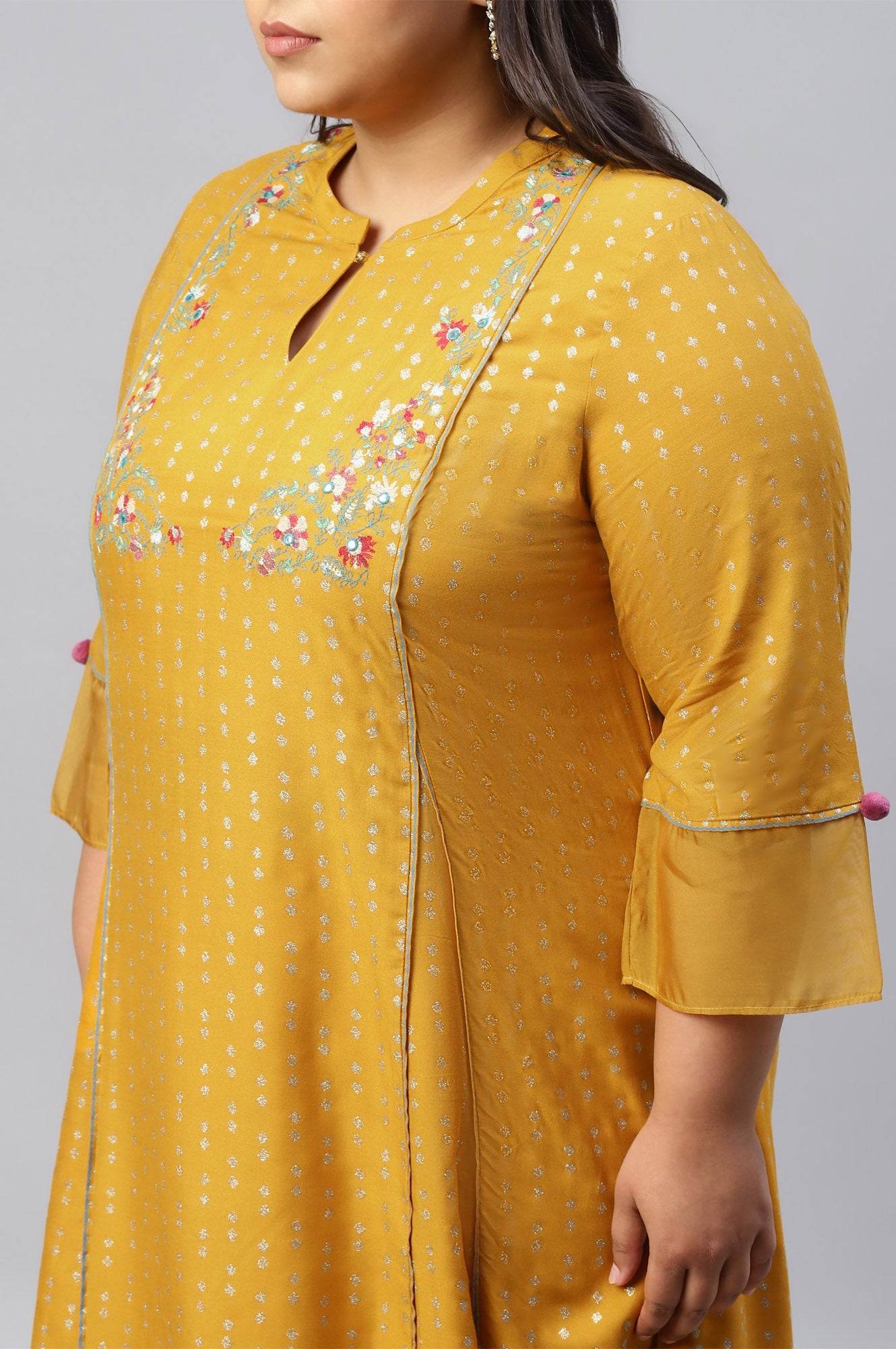 Mustard Glitter Printed And Embroidered Plus Size kurta