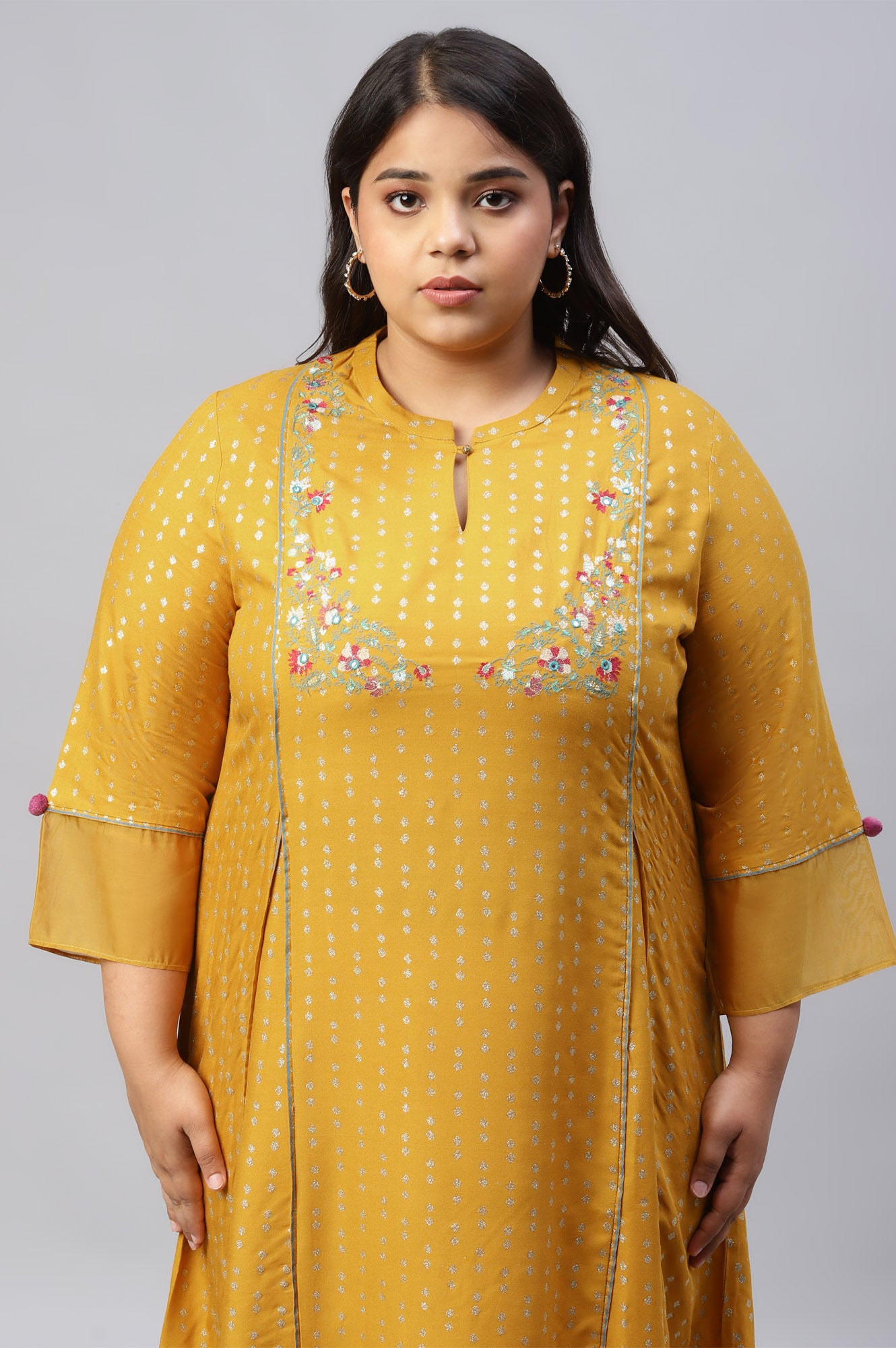 Mustard Glitter Printed And Embroidered Plus Size kurta