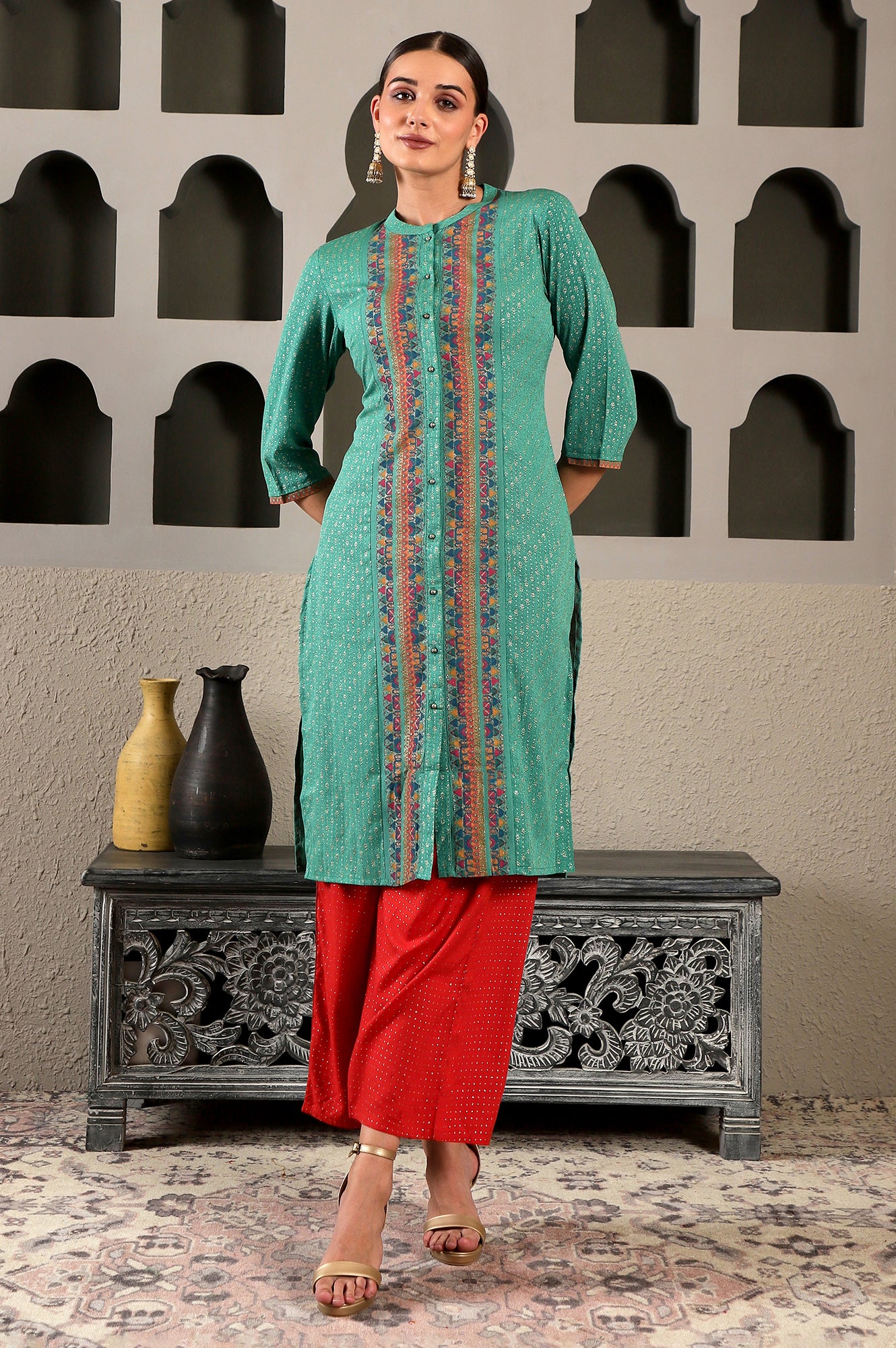 Pop Green Printed Festive Full Placket kurta