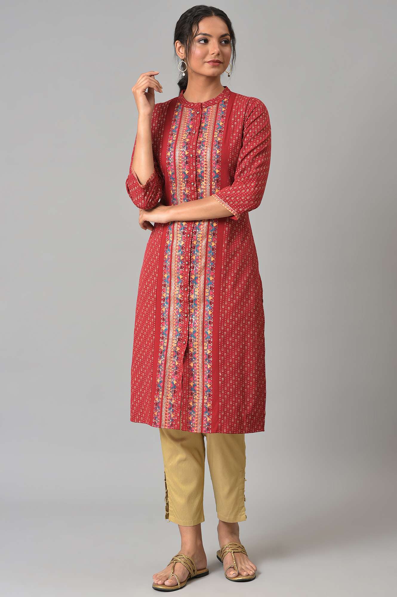 Red Placement Print Festive kurta